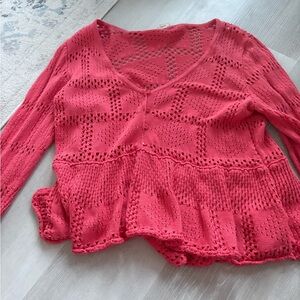 Pilcro Coral Openwork V-Neck Sweater